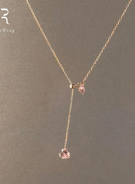 S925纯银粉色爱心闪钻Y字项链女