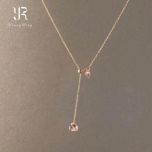 S925纯银粉色爱心闪钻Y字项链女