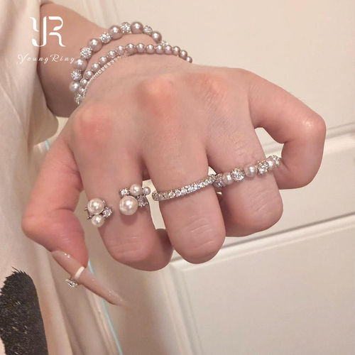 S925纯银法式闪钻施家珍珠戒指女