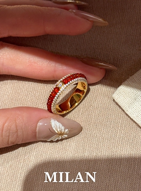 S925纯银编织红色玛瑙串珠戒指女