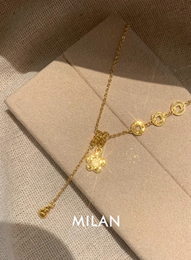 S925纯银铜钱碎冰冰吊坠项链女