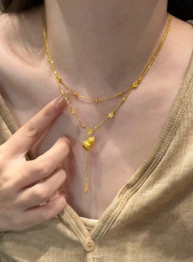 S925纯银金色拉丝葫芦双层项链女