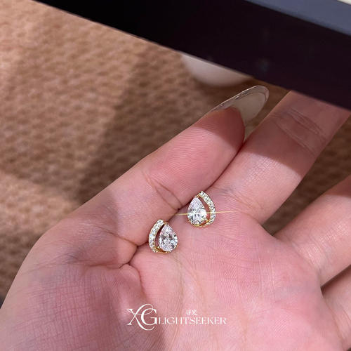 S925纯银满钻金色水滴耳钉女