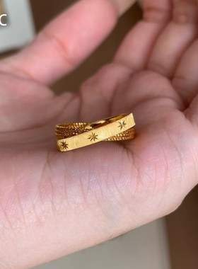 S925纯银金色双环交叉戒指女