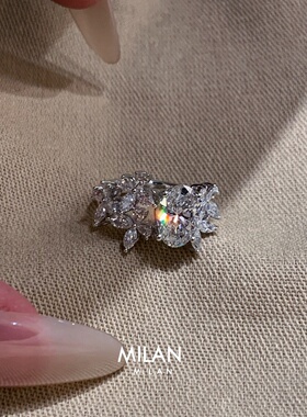 S925纯银椭圆鸽子蛋闪钻花环戒指