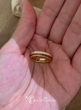 S925纯银金色双圈排钻戒指女