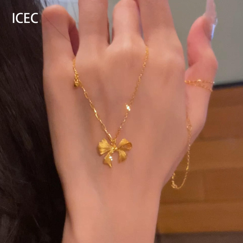 S925纯银金色拉丝蝴蝶结项链女
