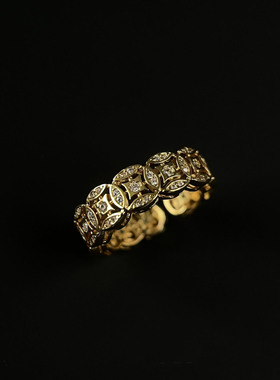 中古金色仿满钻五帝钱戒指女