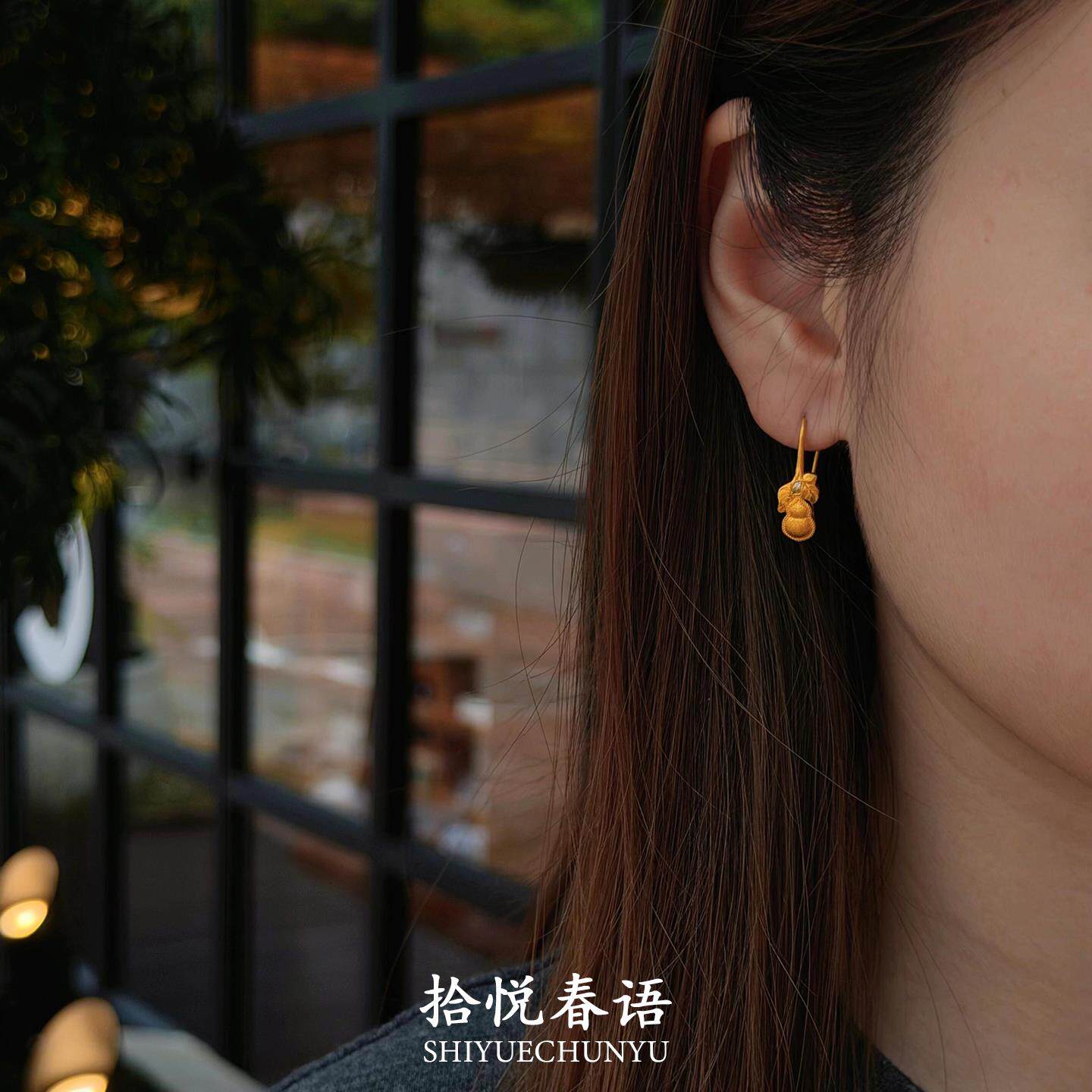 S925纯银复古金色葫芦吊坠耳环女2026新款高级感耳环独特漂亮耳饰
