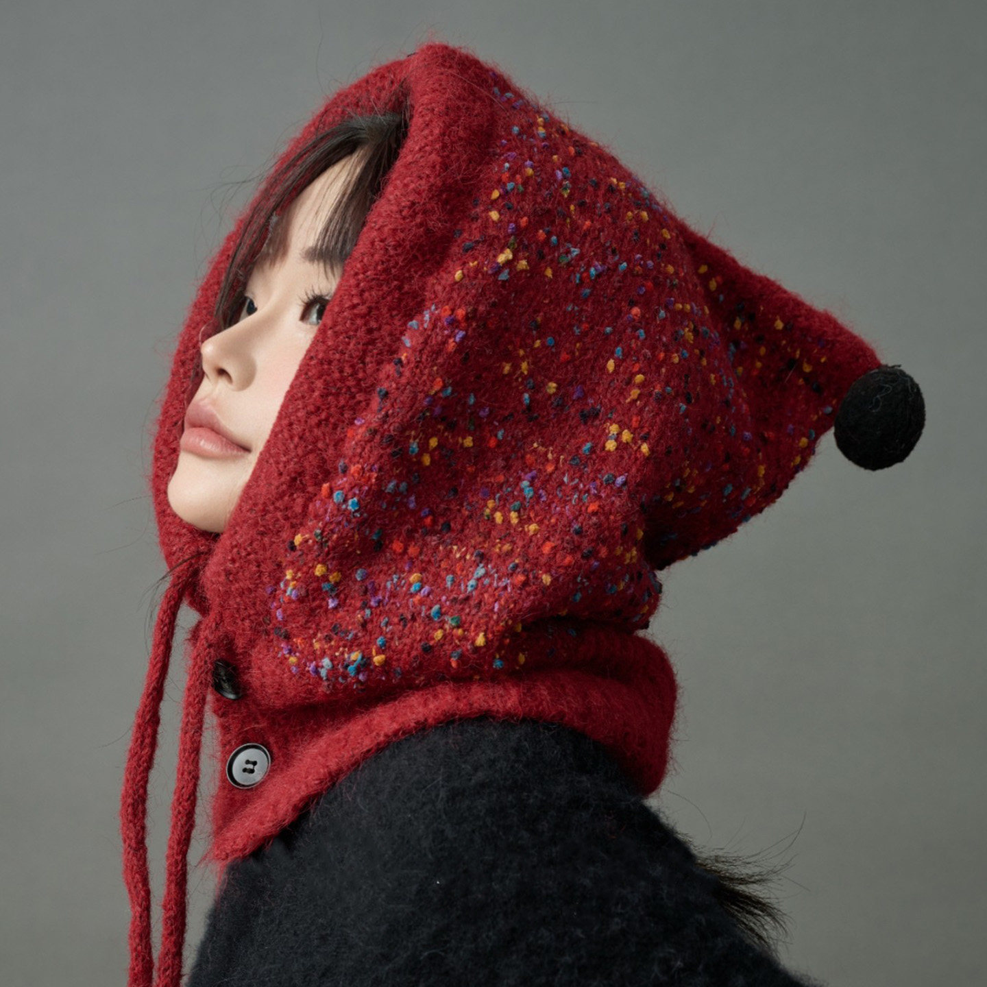 红色针织巴拉克拉法帽子女士2025新款秋冬时尚洋气围巾一体包头帽