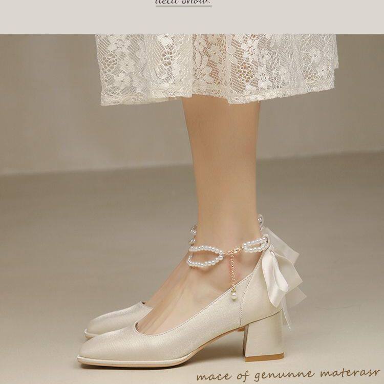 法式粗跟单鞋女晚晚温柔伴娘白色玛丽珍婚鞋新娘高跟鞋婚纱不累脚
