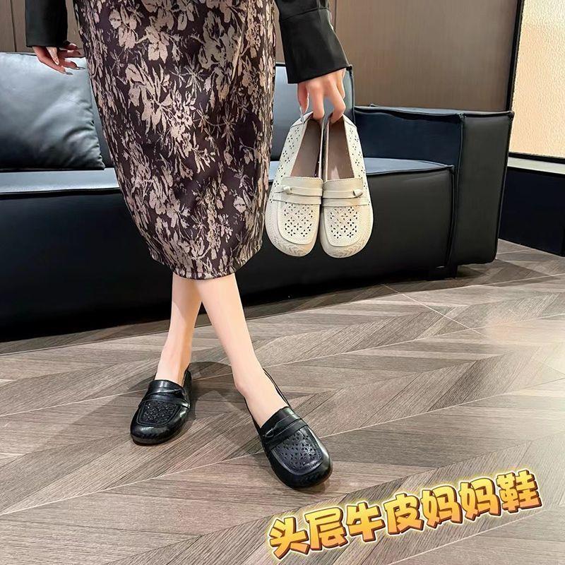 春夏款透气轻便女单鞋头层牛皮休闲舒适低跟软底圆头宽脚妈妈鞋子