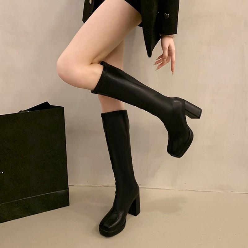 防水台靴子长靴女2026年秋季新款时尚不过膝复古高跟方头瘦瘦靴秋