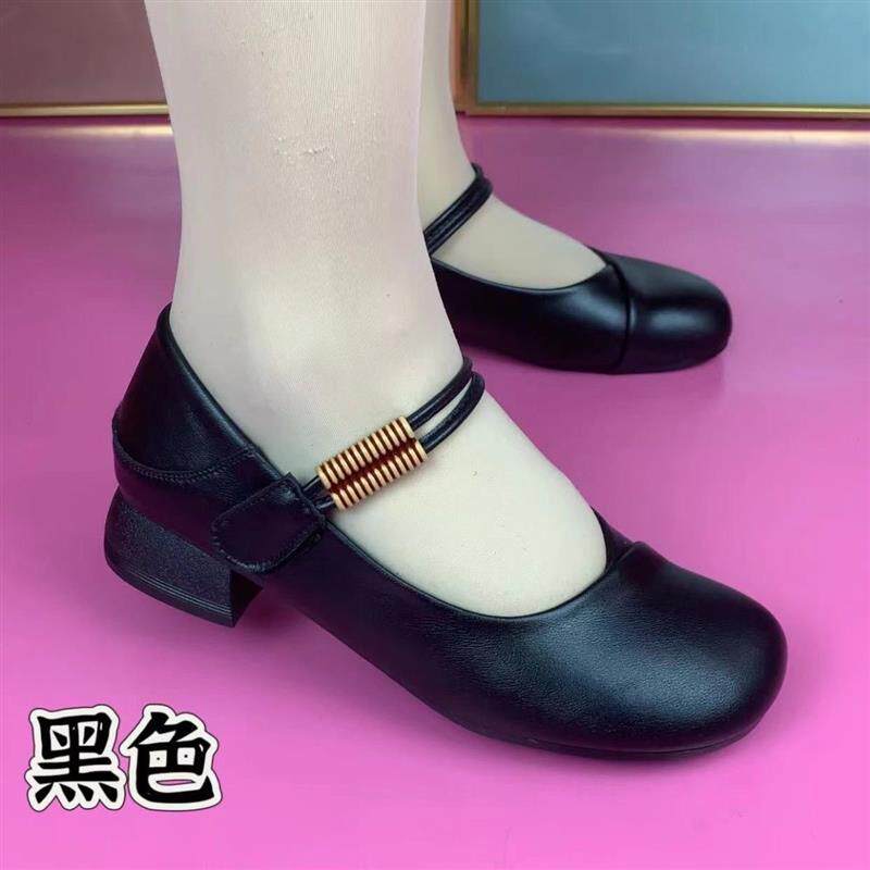 舞蹈皮鞋跳舞软底软面妈妈一字扣带广场舞低跟防滑耐磨中年黑色