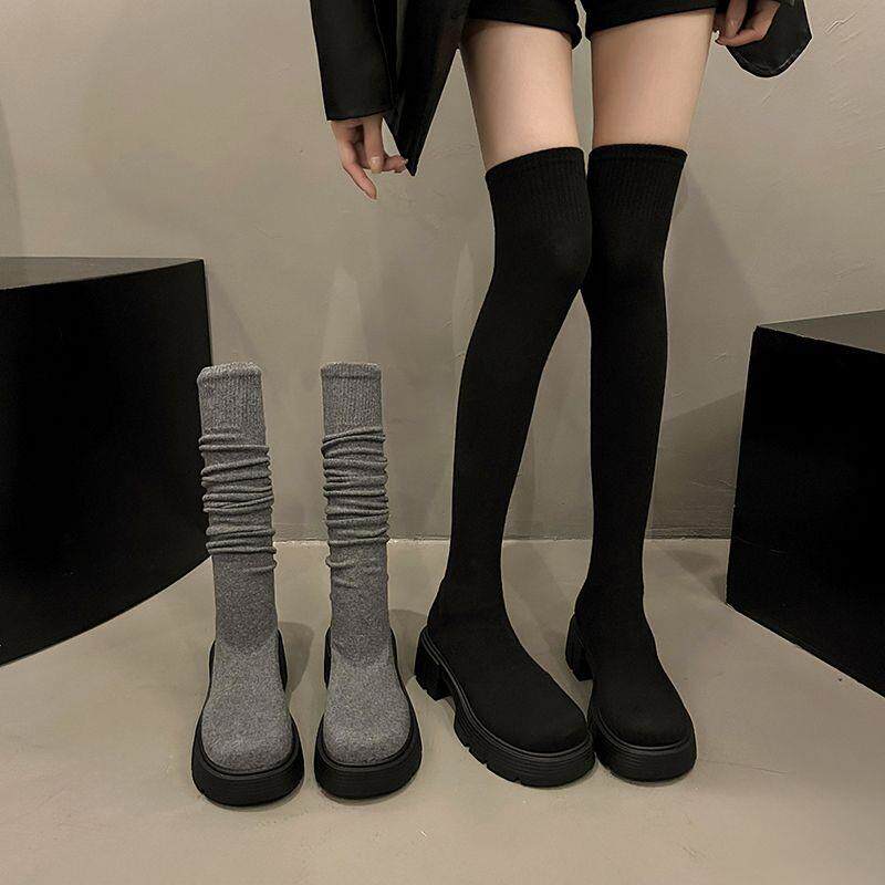灰色长筒靴女高筒靴子袜靴新款鞋弹力靴袜子靴弹力袜过膝针织长靴
