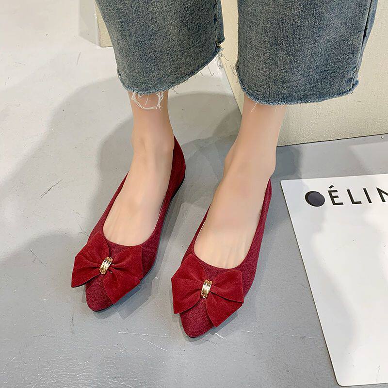 41-43码女鞋大码蝴蝶结单鞋女平底新款尖头浅口红色平底结婚鞋子