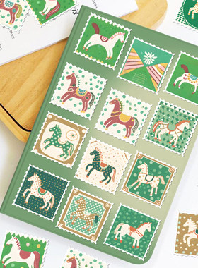 162张绿色马年邮票贴纸精美简约复古艺术邮票装饰明信片手账贴画