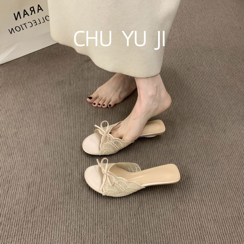 初遇季法式蕾丝蝴蝶结凉拖鞋女夏居家凉拖/凉鞋