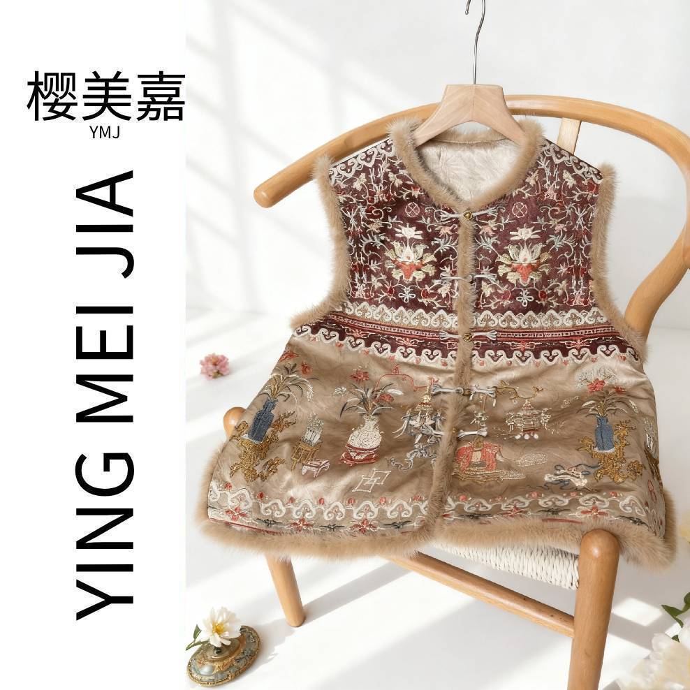 DY3186樱美嘉重工水貂毛刺绣马甲新中式国风复古坎肩秋冬季民族风
