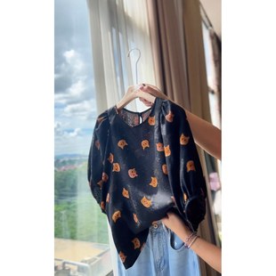 猫咪DY2561樱美嘉100桑蚕丝真丝香云纱减龄复古高级感灯笼袖 显瘦