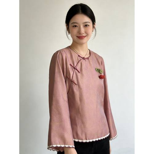 樱美嘉100桑蚕丝新中式流光绸打底衬衫女中国风提花汉服L290