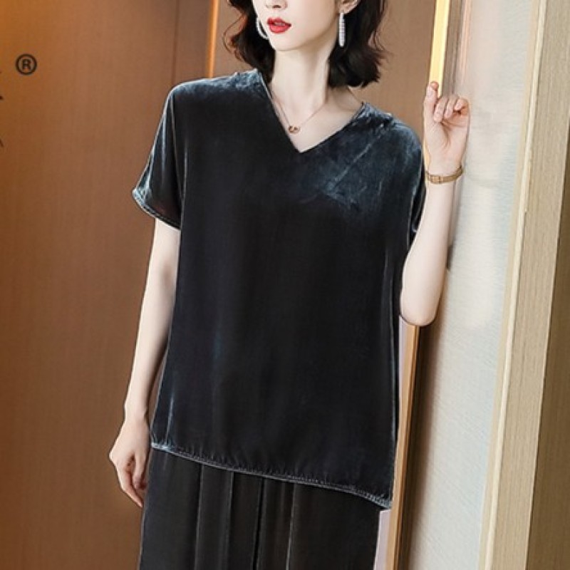 【10634上衣】樱美嘉桑蚕丝烟雨蒙蒙桑蚕丝丝绒短袖T恤休闲大码T