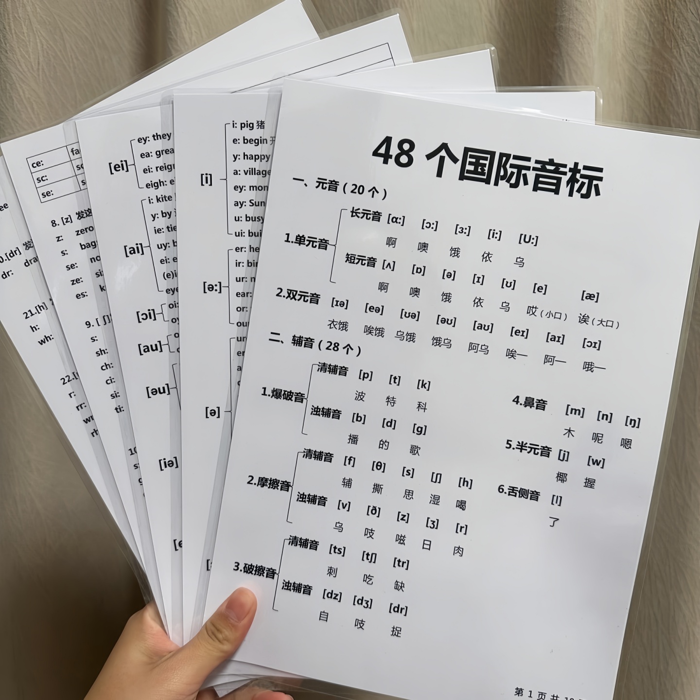 48个国际音标卡片和自然拼读对应的字母组合表学英语趣味速记资料