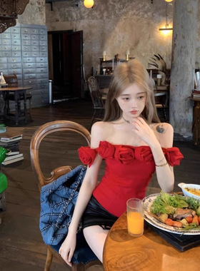 美式纯欲风花朵露肩背心夏短款修身显瘦抹胸吊带上衣