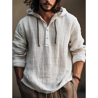 Cotton Linen Shirt Hoodie Long Sleeve Hoodie MEN
