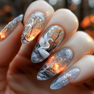 24pcs/set Medium long fake nails Swan fish flowers for summe