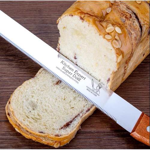 Stainless steel bread knife with wooden handle