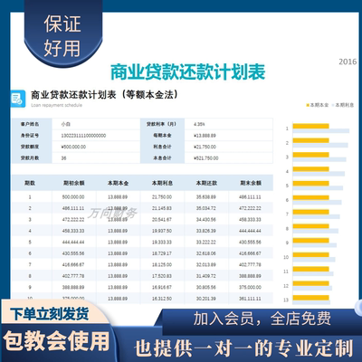 原创设计商业贷款利息还款计划表等额本金法含公式EXCEL表格定制