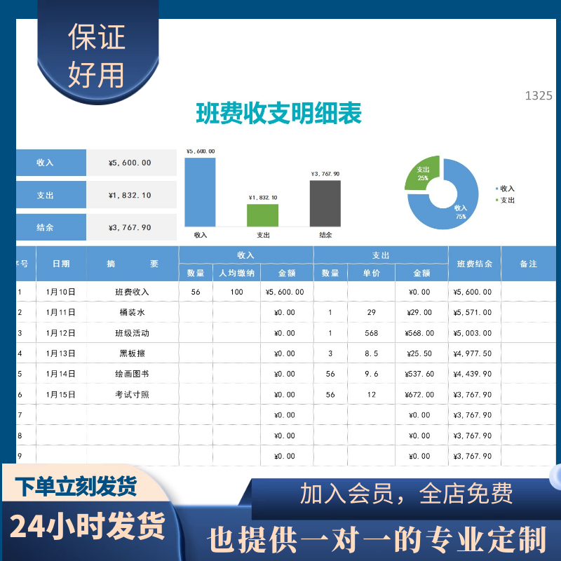 原创设计班费收支明细表出纳记账收入支出EXCEL表格定制