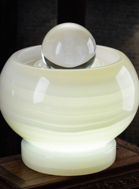 石诚记天然玉石风水球白色喷泉流水摆件办公室前台运转水晶球摆设