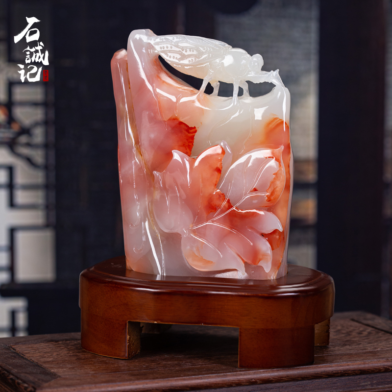 石诚记知足常乐摆件创意原石奇石天然玉石工艺品书房办公桌蝉摆设