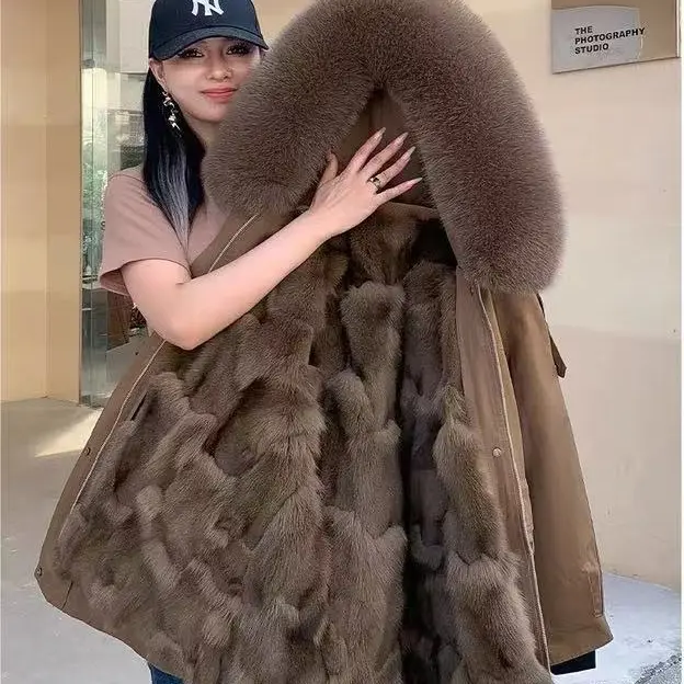 2024新款冬季派克服女獭兔毛内胆皮毛一体可拆卸中长款皮草外套女
