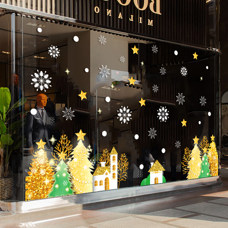 金色圣诞树玻璃门贴纸静电贴