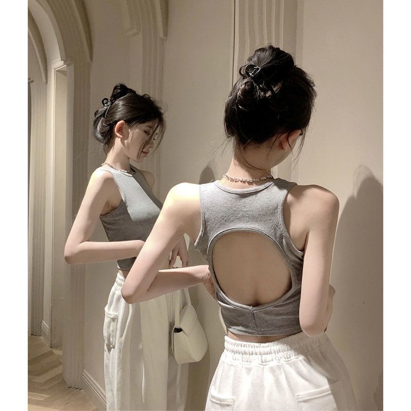 灰色美背带胸垫工字小吊带背心女夏辣妹内搭外穿短款无袖露背上衣