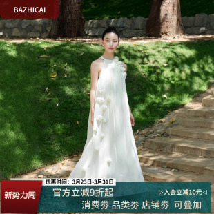 晨袍 重工手缝花朵白色领证度假垂感长裙高个子雪纺连衣裙3342