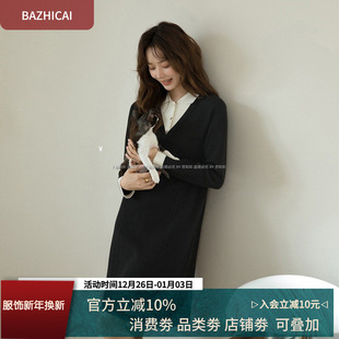 显瘦纸片人羊毛極简小黑裙古典气质假两件翻领复古针织连衣裙2285