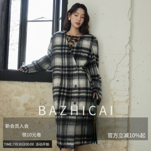 马海毛呢外套冬7636 羊驼绒黑白格子澳洲进口羊毛双面呢大衣长款