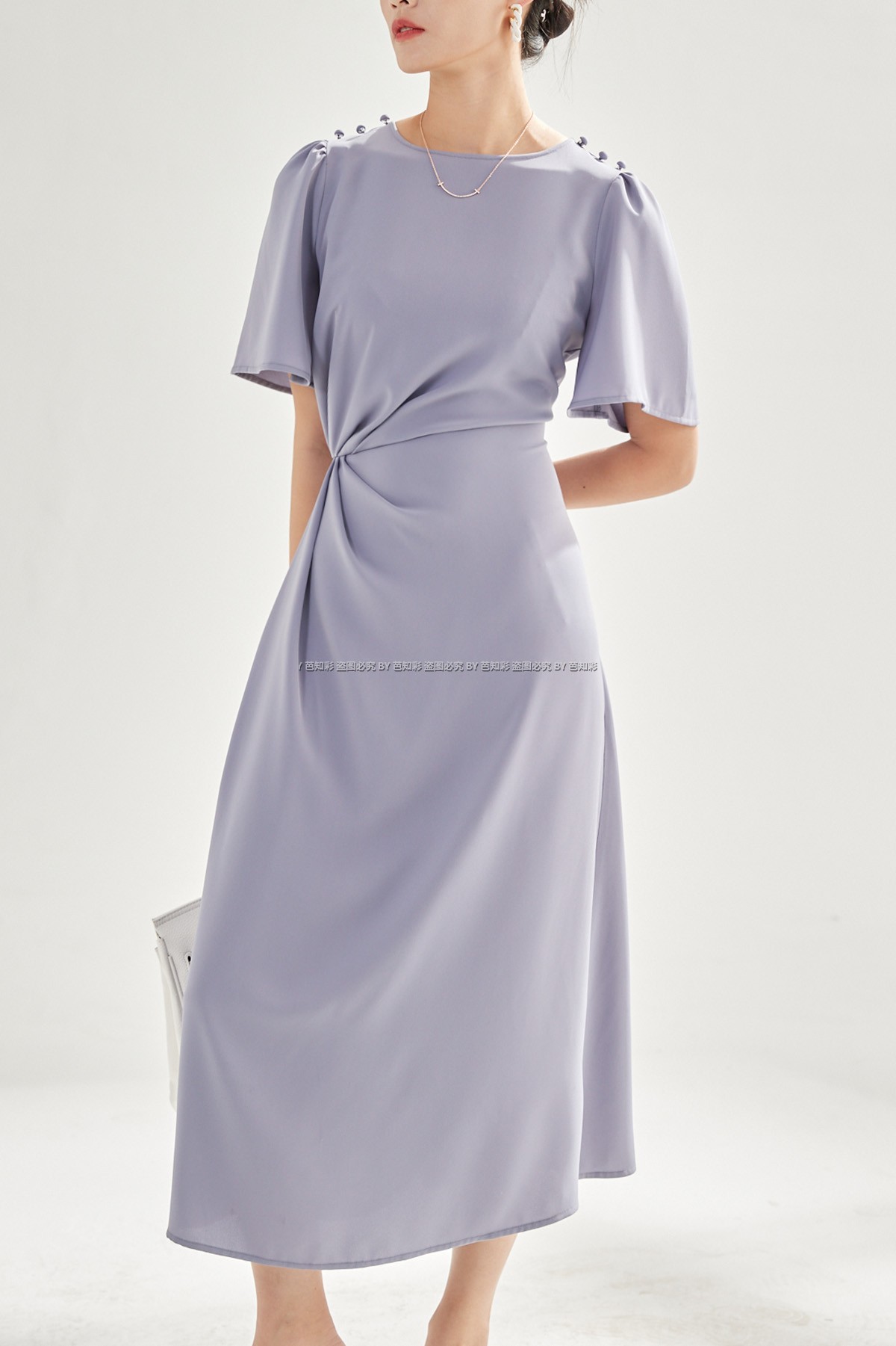 垂感短袖紫色设计感雪纺连衣裙