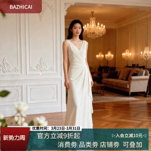 幸福主持 精致V领收腰礼服连衣裙2348 复古气质订婚结婚长裙新款