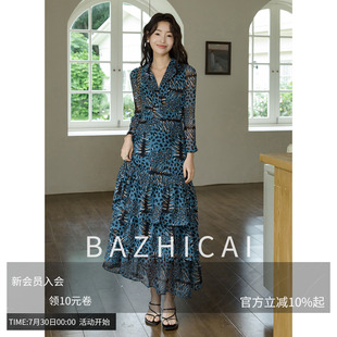 海边雪纺蛋糕裙度假连衣裙2025新款 芭知彩蓝色复古长款 夏长裙女