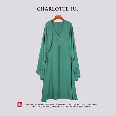 【翠微】复古新中式国风100%桑蚕丝V领女士中长款裙子