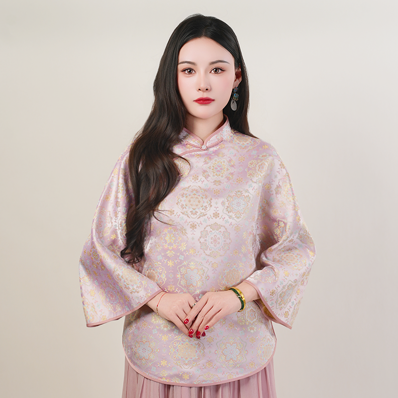【花谣】复古中式桑蚕丝气质带毛领织金宝相花宋锦小姐姐服上衣