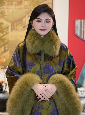 【海青天】中式复古秋冬100%桑蚕丝香云纱狐狸毛气质印花上衣外套