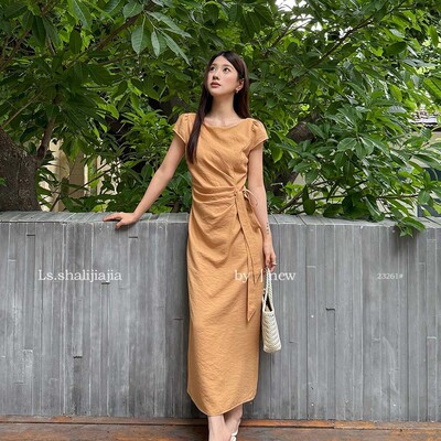 LS法式优雅褶皱感修身连衣裙女广州十三行2026夏季新款裙子23261