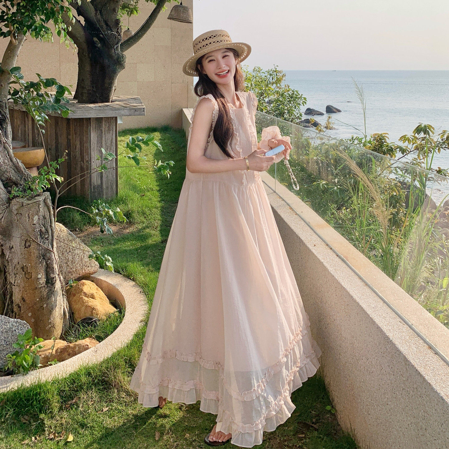 【现货】柔雾粉清新甜美木耳边连衣裙P160-K238