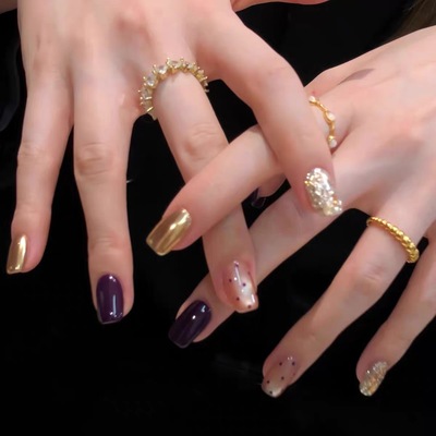 纸醉金迷手工穿戴甲高级感显白气质轻奢春夏新款紫色金色高级猫眼